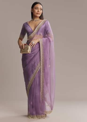 Purple Tissue Saree With Zardosi And Bead Embroidery