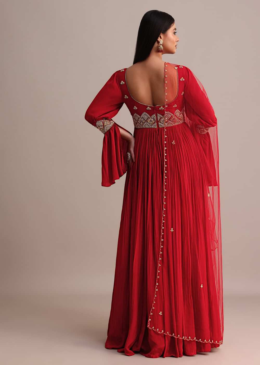 Red Ruched Anarkali Suit With Dupatta