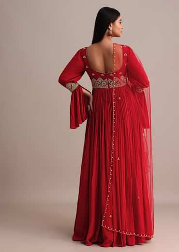 Red Ruched Anarkali Suit With Dupatta