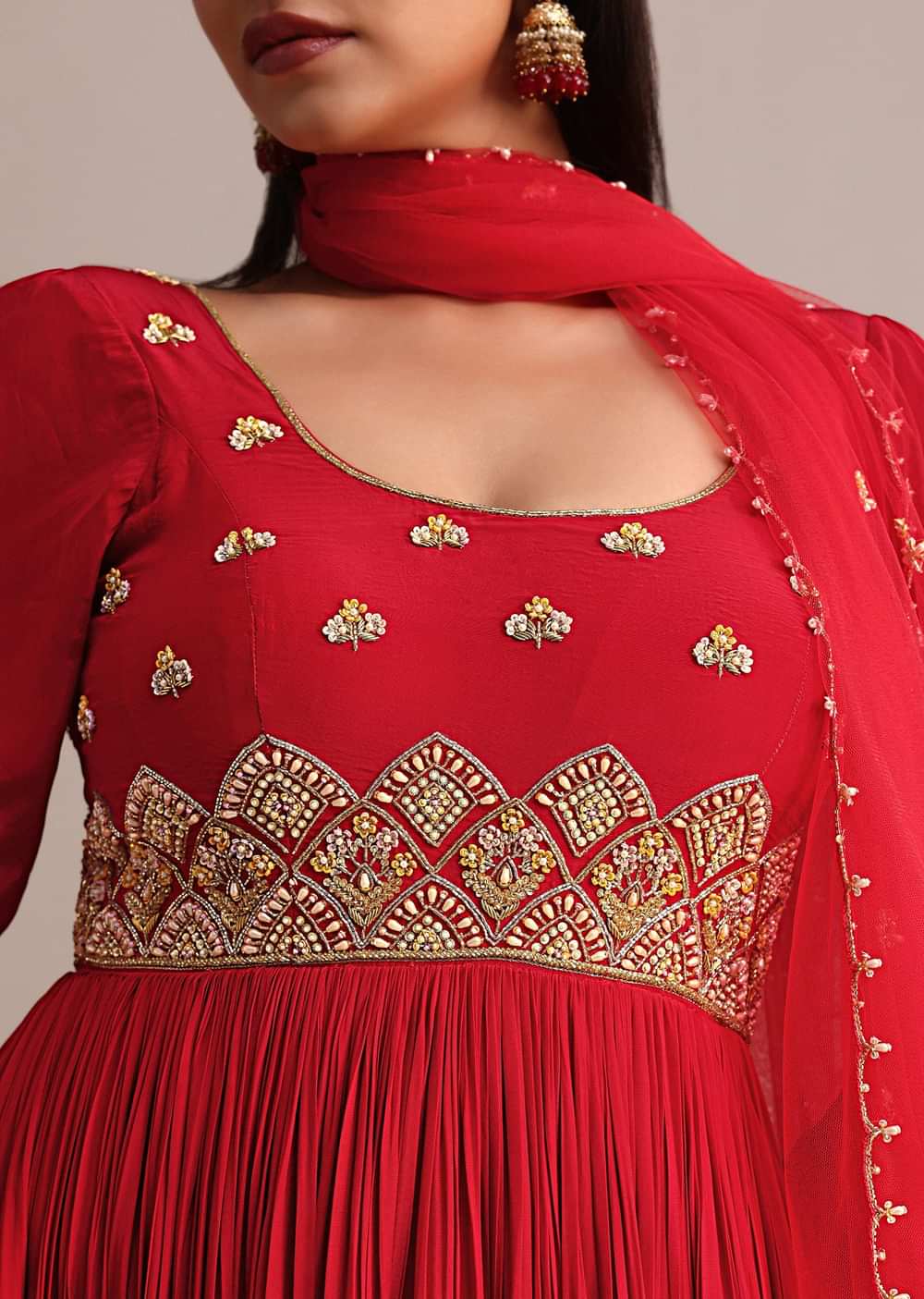 Red Ruched Anarkali Suit With Dupatta