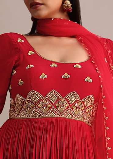Red Ruched Anarkali Suit With Dupatta