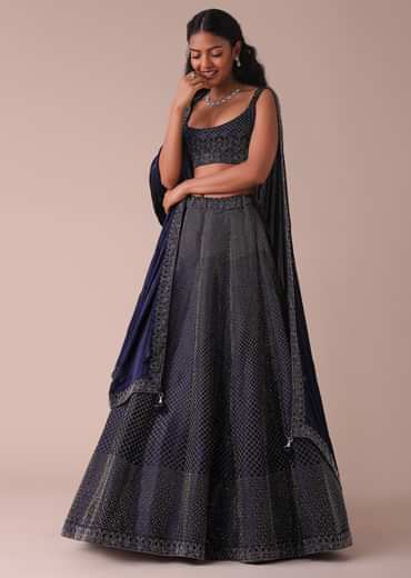 Navy Blue Wrinkle Satin Lehenga With Swarovski Crystals