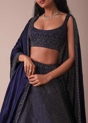 Navy Blue Wrinkle Satin Lehenga With Swarovski Crystals