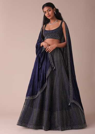 Navy Blue Wrinkle Satin Lehenga With Swarovski Crystals