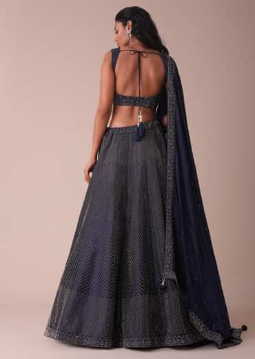 Navy Blue Wrinkle Satin Lehenga With Swarovski Crystals