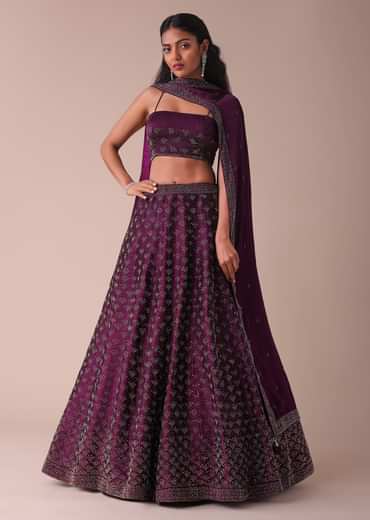 Mulberry Purple Wrinkle Satin Lehenga With Swarovski Crystals