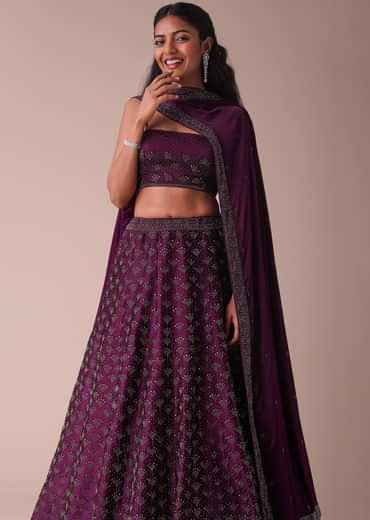 Mulberry Purple Wrinkle Satin Lehenga With Swarovski Crystals