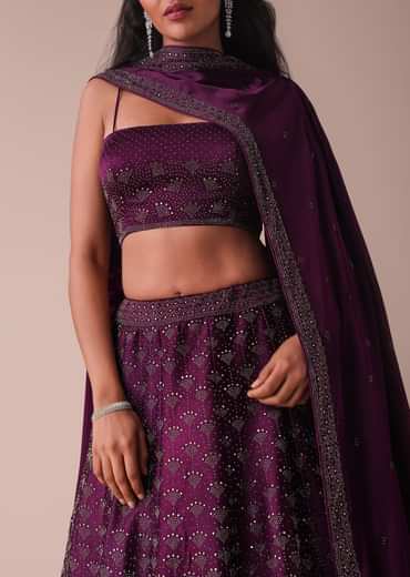 Mulberry Purple Wrinkle Satin Lehenga With Swarovski Crystals