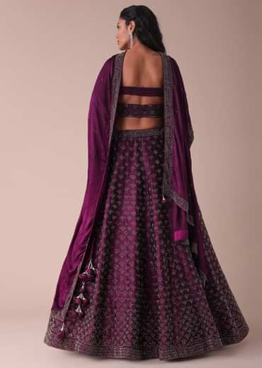 Mulberry Purple Wrinkle Satin Lehenga With Swarovski Crystals