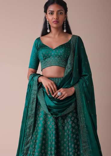 Deep Green Swarovski Embellished Lehenga In Wrinkle Satin