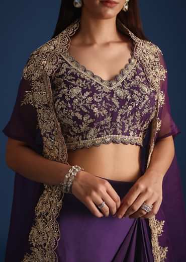 Purple Zardozi Work Jacket With Crop Top And Skirt