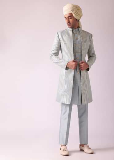 Silver Grey Embroidered Indowestern In Dupion Silk