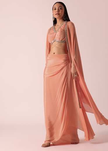 Peach Jacket And Dhoti Set With Mirror Work