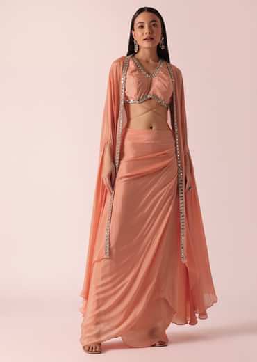 Peach Jacket And Dhoti Set With Mirror Work
