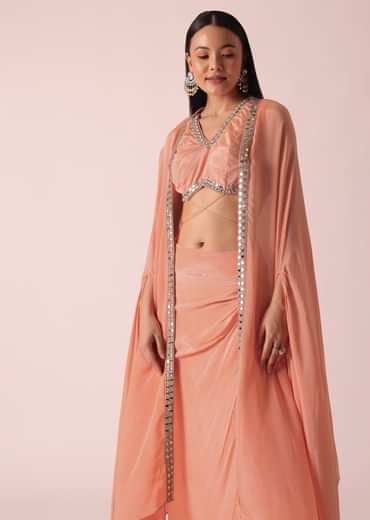 Peach Jacket And Dhoti Set With Mirror Work