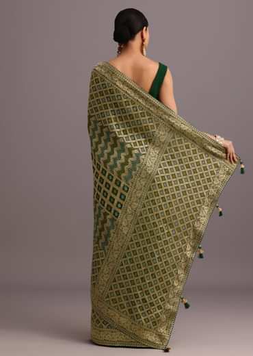Green Khaddi Georgette Bandhani Saree With Zari Jaal Motif Weave
