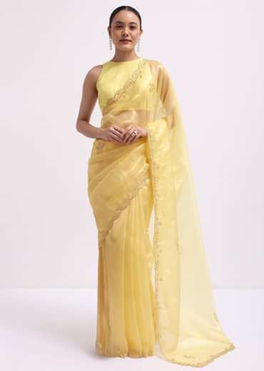 Yellow Embroidered Tissue Saree With Unstitched Blouse
