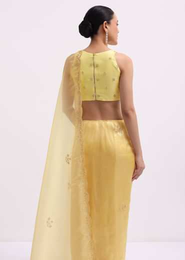 Yellow Embroidered Tissue Saree With Unstitched Blouse