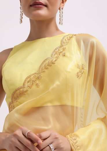 Yellow Embroidered Tissue Saree With Unstitched Blouse