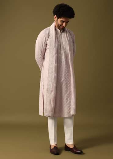 Lavender Kurta Pant Set With Dupatta In Resham Work For Men