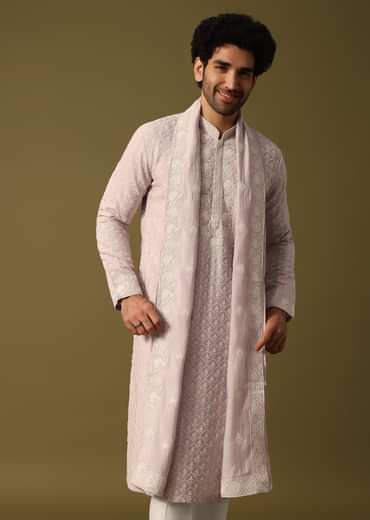 Lavender Kurta Pant Set With Dupatta In Resham Work For Men