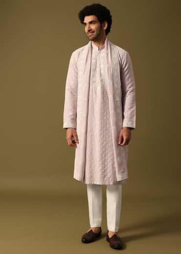 Lavender Kurta Pant Set With Dupatta In Resham Work For Men