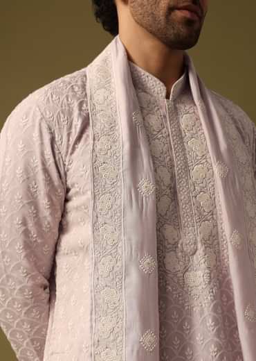 Lavender Kurta Pant Set With Dupatta In Resham Work For Men