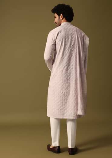 Lavender Kurta Pant Set With Dupatta In Resham Work For Men