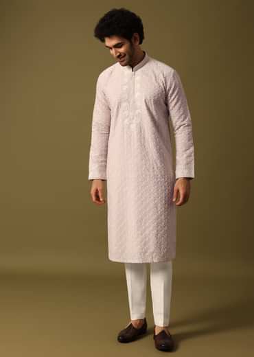 Lavender Kurta Pant Set With Dupatta In Resham Work For Men