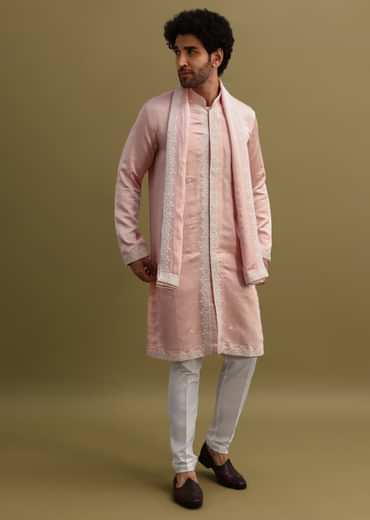 Peach Thread Work Kurta With Dupatta Set