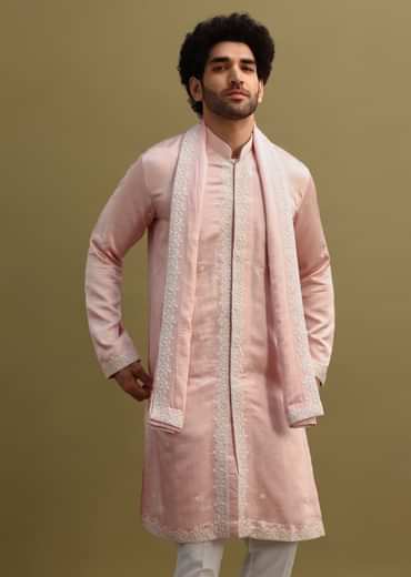 Peach Thread Work Kurta With Dupatta Set