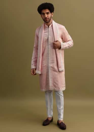 Peach Thread Work Kurta With Dupatta Set