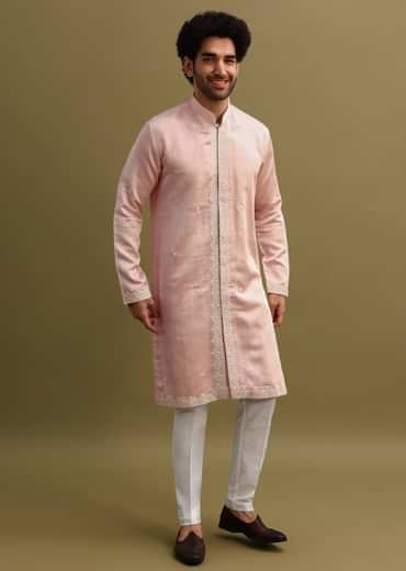 Peach Thread Work Kurta With Dupatta Set
