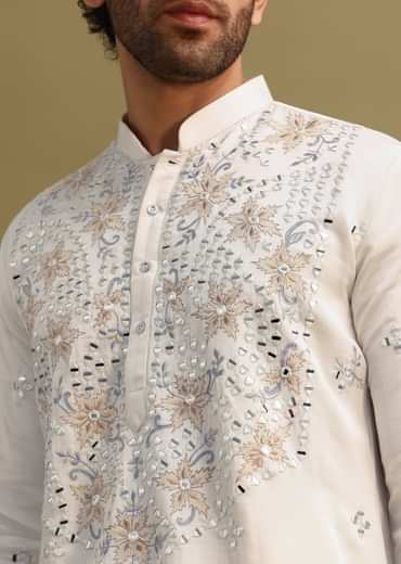 White Embroidered Mirror Work Kurta Set For Men