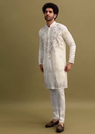 White Embroidered Mirror Work Kurta Set For Men