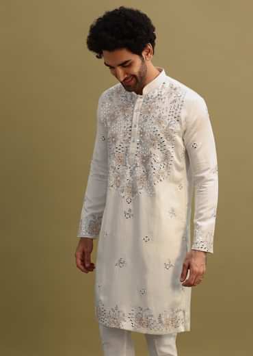 White Embroidered Mirror Work Kurta Set For Men