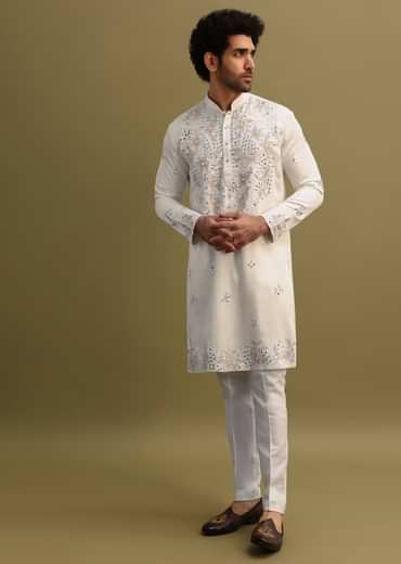 White Embroidered Mirror Work Kurta Set For Men