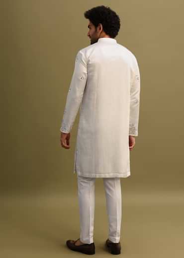 White Embroidered Mirror Work Kurta Set For Men