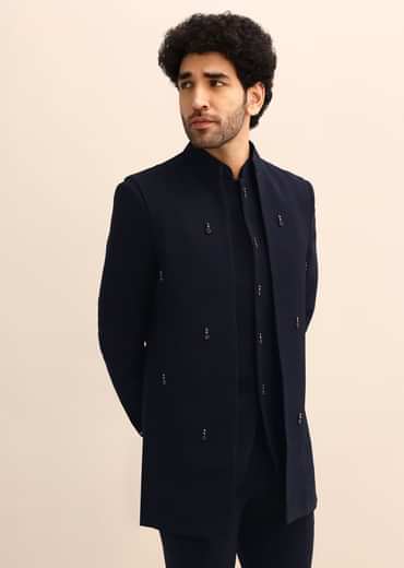 Blue Jacquard 3 Pc Bandhgala Jodhpuri Suit