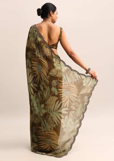 Brown Leaf Printed Soft Organza Saree With Embroidered Border