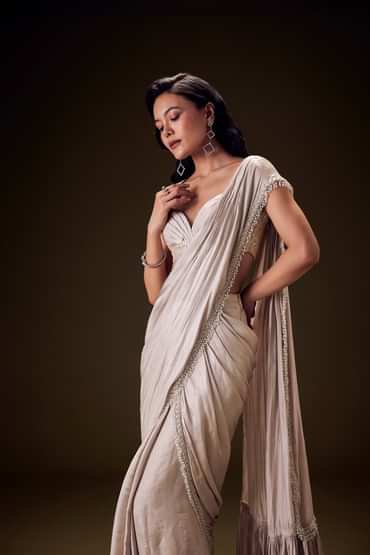 Frosted Ivory Satin Ruffled Ready Pleated Saree