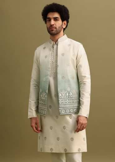 Blue Foil Applique Work Kurta Set With Shaded Jacket