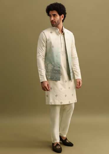 Blue Foil Applique Work Kurta Set With Shaded Jacket