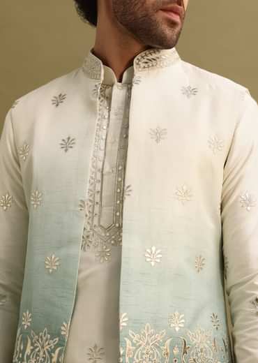 Blue Foil Applique Work Kurta Set With Shaded Jacket