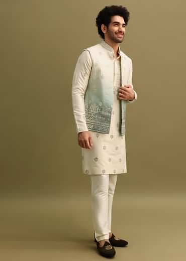 Blue Foil Applique Work Kurta Set With Shaded Jacket