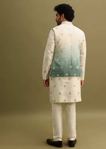 Blue Foil Applique Work Kurta Set With Shaded Jacket