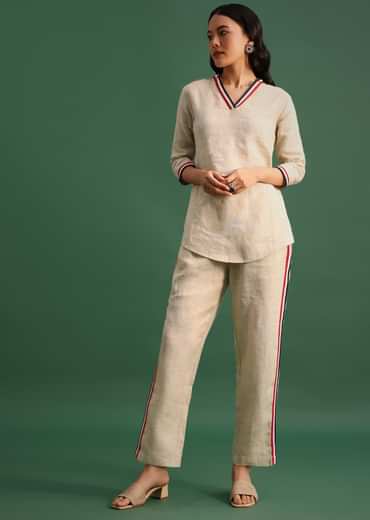 Beige Linen Top And Pant With Patch Work