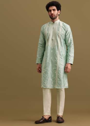 Aqua Blue Silk Kurta Set With Resham Work For Men