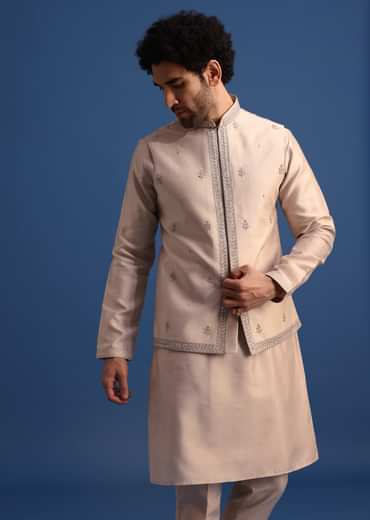 Beige Kurta Jacket Set With Thread Work For Men