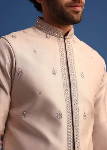Beige Kurta Jacket Set With Thread Work For Men